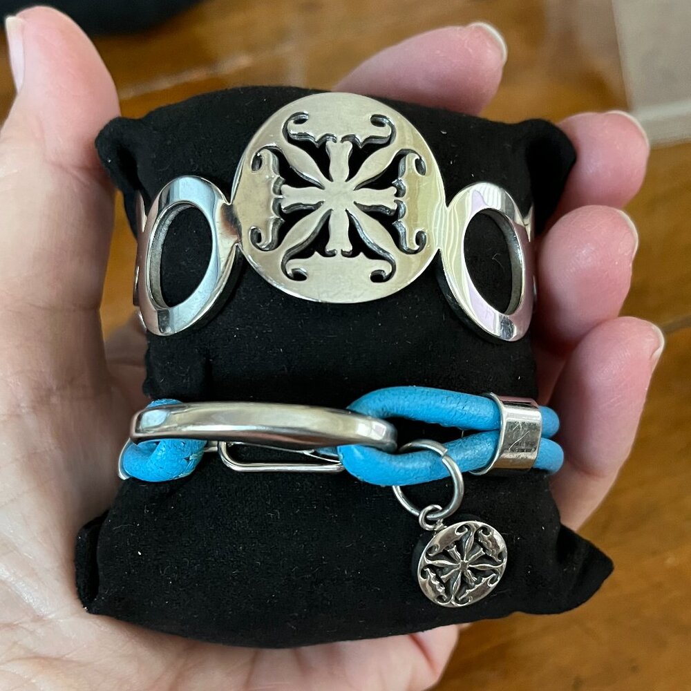 GIFT BOXED NEW Rustic Cuff Set of Two Bracelets Leather and Stainless